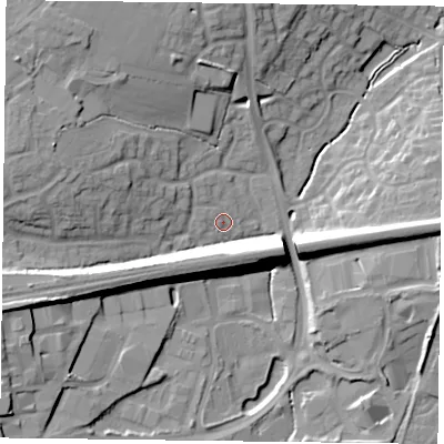 Shaded relief map of the ground around RG279SJ, computed from Environment Agency LiDAR. The ground here sits at about 70 m above sea level and falls 19 m across the surrounding 800 m. Surface water reaching this point runs off ground lying to the west-north-west, 12.9 m higher.