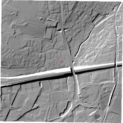 Shaded relief map of the ground around RG279SL, computed from Environment Agency LiDAR. The ground here sits at about 70 m above sea level and falls 19 m across the surrounding 800 m. Surface water reaching this point runs off ground lying to the west-north-west, 14.0 m higher.
