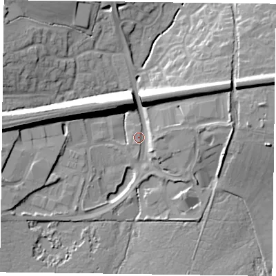 Shaded relief map of the ground around RG279XA, computed from Environment Agency LiDAR. The ground here sits at about 70 m above sea level and falls 15 m across the surrounding 800 m. Surface water reaching this point runs off ground lying to the west, 13.6 m higher.