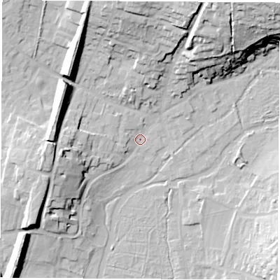 Shaded relief map of the ground around RG287AB, computed from Environment Agency LiDAR. The ground here sits at about 68 m above sea level and falls 34 m across the surrounding 800 m. Surface water reaching this point runs off ground lying to the west, 13.8 m higher.
