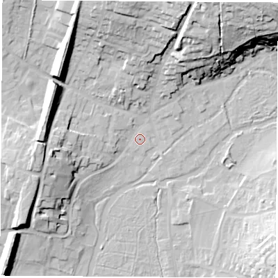 Shaded relief map of the ground around RG287AD, computed from Environment Agency LiDAR. The ground here sits at about 68 m above sea level and falls 35 m across the surrounding 800 m. Surface water reaching this point runs off ground lying to the west, 13.8 m higher.