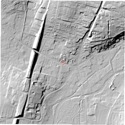 Shaded relief map of the ground around RG287AE, computed from Environment Agency LiDAR. The ground here sits at about 70 m above sea level and falls 38 m across the surrounding 800 m. Surface water reaching this point runs off ground lying to the north-north-east, 29.3 m higher.