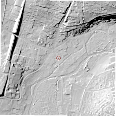 Shaded relief map of the ground around RG287AH, computed from Environment Agency LiDAR. The ground here sits at about 68 m above sea level and falls 37 m across the surrounding 800 m. Surface water reaching this point runs off ground lying to the north-north-east, 30.2 m higher.