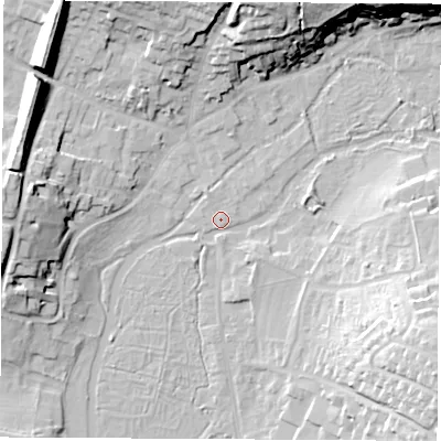 Shaded relief map of the ground around RG287AJ, computed from Environment Agency LiDAR. The ground here sits at about 68 m above sea level and falls 24 m across the surrounding 800 m. Surface water reaching this point runs off ground lying to the north-north-east, 21.9 m higher.