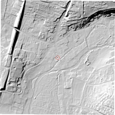 Shaded relief map of the ground around RG287AL, computed from Environment Agency LiDAR. The ground here sits at about 68 m above sea level and falls 34 m across the surrounding 800 m. Surface water reaching this point runs off ground lying to the north-north-east, 27.0 m higher.
