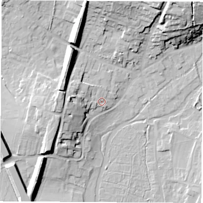 Shaded relief map of the ground around RG287AN, computed from Environment Agency LiDAR. The ground here sits at about 71 m above sea level and falls 28 m across the surrounding 800 m. Surface water reaching this point runs off ground lying to the west, 9.4 m higher.