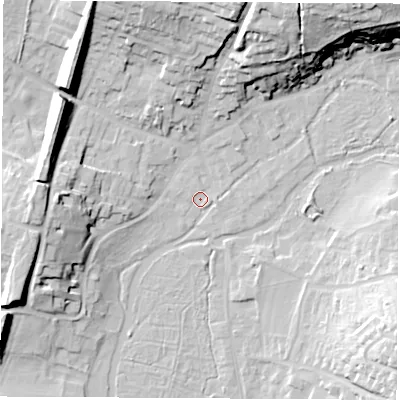 Shaded relief map of the ground around RG287AP, computed from Environment Agency LiDAR. The ground here sits at about 68 m above sea level and falls 31 m across the surrounding 800 m. Surface water reaching this point runs off ground lying to the north-north-east, 26.3 m higher.