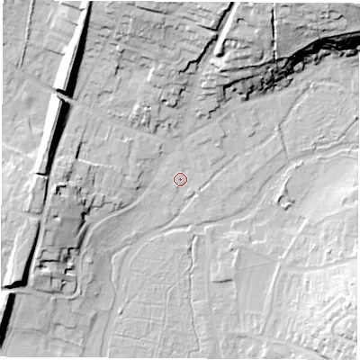 Shaded relief map of the ground around RG287AQ, computed from Environment Agency LiDAR. The ground here sits at about 68 m above sea level and falls 34 m across the surrounding 800 m. Surface water reaching this point runs off ground lying to the north-north-east, 27.4 m higher.