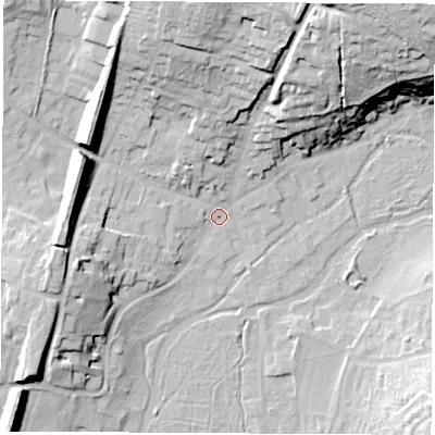 Shaded relief map of the ground around RG287BS, computed from Environment Agency LiDAR. The ground here sits at about 68 m above sea level and falls 38 m across the surrounding 800 m. Surface water reaching this point runs off ground lying to the north-north-east, 25.0 m higher.