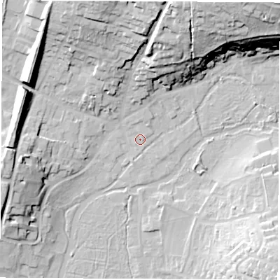Shaded relief map of the ground around RG287BY, computed from Environment Agency LiDAR. The ground here sits at about 68 m above sea level and falls 38 m across the surrounding 800 m. Surface water reaching this point runs off ground lying to the north, 9.0 m higher.