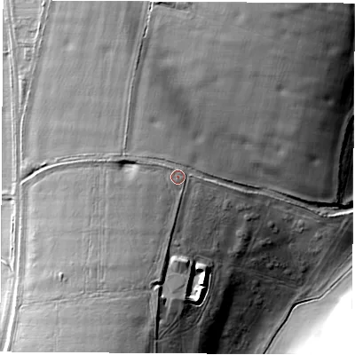 Shaded relief map of the ground around RG287ED, computed from Environment Agency LiDAR. The ground here sits at about 106 m above sea level and falls 41 m across the surrounding 800 m. Surface water reaching this point runs off ground lying to the west-north-west, 3.0 m higher.