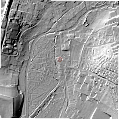 Shaded relief map of the ground around RG287HF, computed from Environment Agency LiDAR. The ground here sits at about 68 m above sea level and falls 24 m across the surrounding 800 m. Surface water reaching this point runs off ground lying to the east, 20.3 m higher.