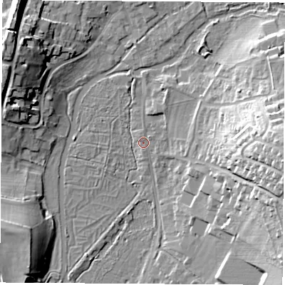 Shaded relief map of the ground around RG287HP, computed from Environment Agency LiDAR. The ground here sits at about 68 m above sea level and falls 24 m across the surrounding 800 m. Surface water reaching this point runs off ground lying to the east, 19.2 m higher.