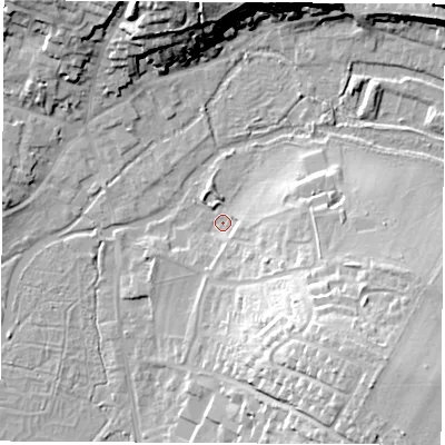 Shaded relief map of the ground around RG287HR, computed from Environment Agency LiDAR. The ground here sits at about 68 m above sea level and falls 25 m across the surrounding 800 m. Surface water reaching this point runs off ground lying to the south-east, 19.1 m higher.