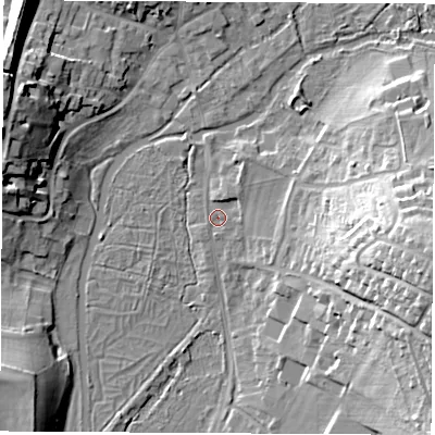 Shaded relief map of the ground around RG287HW, computed from Environment Agency LiDAR. The ground here sits at about 68 m above sea level and falls 24 m across the surrounding 800 m. Surface water reaching this point runs off ground lying to the east, 19.4 m higher.