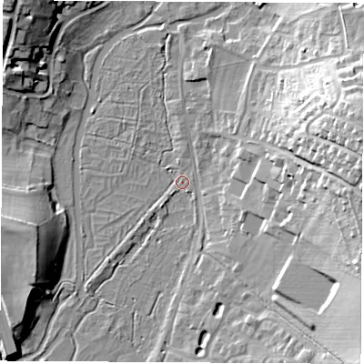 Shaded relief map of the ground around RG287JA, computed from Environment Agency LiDAR. The ground here sits at about 67 m above sea level and falls 24 m across the surrounding 800 m. Surface water reaching this point runs off ground lying to the north, 1.8 m higher.