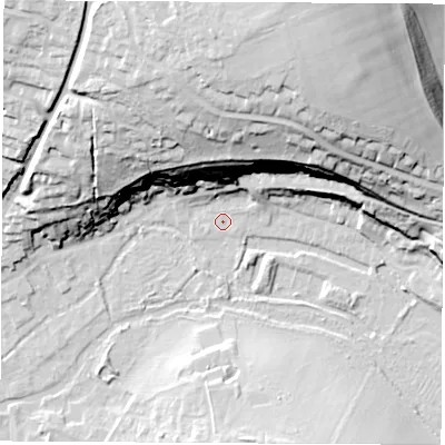 Shaded relief map of the ground around RG287LG, computed from Environment Agency LiDAR. The ground here sits at about 69 m above sea level and falls 44 m across the surrounding 800 m. Surface water reaching this point runs off ground lying to the north-north-east, 41.2 m higher.