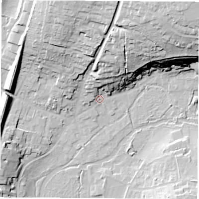 Shaded relief map of the ground around RG287LH, computed from Environment Agency LiDAR. The ground here sits at about 70 m above sea level and falls 44 m across the surrounding 800 m. Surface water reaching this point runs off ground lying to the north, 13.2 m higher.