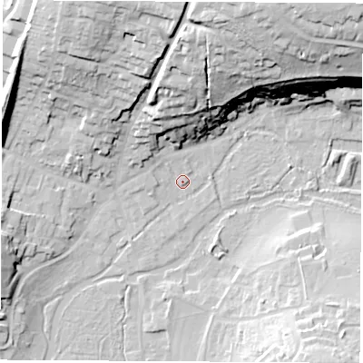 Shaded relief map of the ground around RG287LL, computed from Environment Agency LiDAR. The ground here sits at about 69 m above sea level and falls 43 m across the surrounding 800 m. Surface water reaching this point runs off ground lying to the north-north-west, 8.6 m higher.