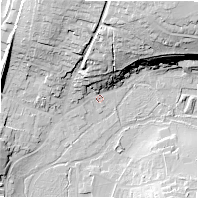 Shaded relief map of the ground around RG287LN, computed from Environment Agency LiDAR. The ground here sits at about 69 m above sea level and falls 44 m across the surrounding 800 m. Surface water reaching this point runs off ground lying to the north, 20.1 m higher.