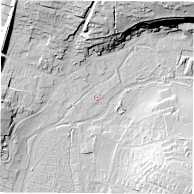 Shaded relief map of the ground around RG287LP, computed from Environment Agency LiDAR. The ground here sits at about 68 m above sea level and falls 37 m across the surrounding 800 m. Surface water reaching this point runs off ground lying to the south-south-east, 0.5 m higher.