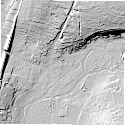 Shaded relief map of the ground around RG287LQ, computed from Environment Agency LiDAR. The ground here sits at about 69 m above sea level and falls 43 m across the surrounding 800 m. Surface water reaching this point runs off ground lying to the north, 8.1 m higher.