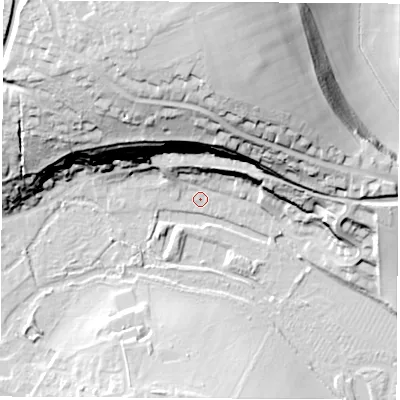 Shaded relief map of the ground around RG287LU, computed from Environment Agency LiDAR. The ground here sits at about 69 m above sea level and falls 43 m across the surrounding 800 m. Surface water reaching this point runs off ground lying to the north, 36.7 m higher.