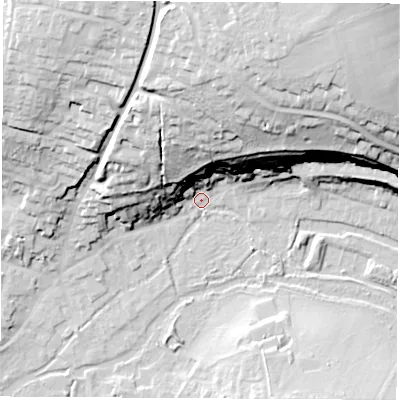 Shaded relief map of the ground around RG287LY, computed from Environment Agency LiDAR. The ground here sits at about 69 m above sea level and falls 44 m across the surrounding 800 m. Surface water reaching this point runs off ground lying to the north-north-east, 43.1 m higher.