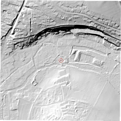 Shaded relief map of the ground around RG287LZ, computed from Environment Agency LiDAR. The ground here sits at about 69 m above sea level and falls 43 m across the surrounding 800 m. Surface water reaching this point runs off ground lying to the east-south-east, 1.8 m higher.