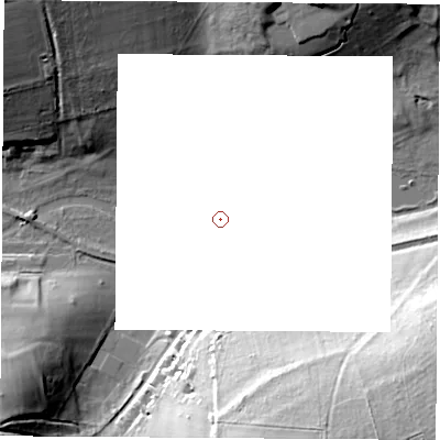 Shaded relief map of the ground around RG287NR, computed from Environment Agency LiDAR. and falls 38 m across the surrounding 800 m.