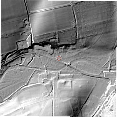 Shaded relief map of the ground around RG287NW, computed from Environment Agency LiDAR. The ground here sits at about 74 m above sea level and falls 33 m across the surrounding 800 m. Surface water reaching this point runs off ground lying to the north, 26.8 m higher.