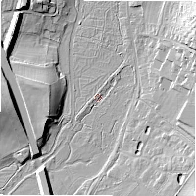 Shaded relief map of the ground around RG287RA, computed from Environment Agency LiDAR. The ground here sits at about 66 m above sea level and falls 18 m across the surrounding 800 m. Surface water reaching this point runs off ground lying to the north-north-east, 2.0 m higher.