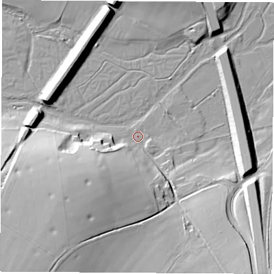 Shaded relief map of the ground around RG287RJ, computed from Environment Agency LiDAR. The ground here sits at about 65 m above sea level and falls 27 m across the surrounding 800 m. Surface water reaching this point runs off ground lying to the south-south-west, 25.4 m higher.