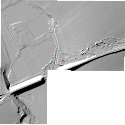 Shaded relief map of the ground around RG287RS, computed from Environment Agency LiDAR. The ground here sits at about 75 m above sea level and falls 33 m across the surrounding 800 m. Surface water reaching this point runs off ground lying to the east-north-east, 22.7 m higher.