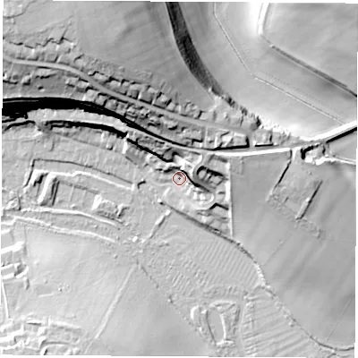 Shaded relief map of the ground around RG287SN, computed from Environment Agency LiDAR. The ground here sits at about 72 m above sea level and falls 43 m across the surrounding 800 m. Surface water reaching this point runs off ground lying to the east-north-east, 19.0 m higher.