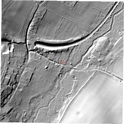 Shaded relief map of the ground around RG291BS, computed from Environment Agency LiDAR. The ground here sits at about 79 m above sea level and falls 23 m across the surrounding 800 m. Surface water reaching this point runs off ground lying to the north-west, 21.7 m higher.