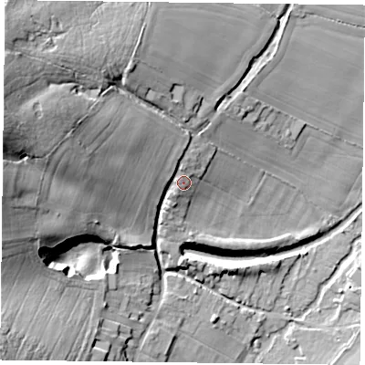 Shaded relief map of the ground around RG291BT, computed from Environment Agency LiDAR. The ground here sits at about 88 m above sea level and falls 33 m across the surrounding 800 m. Surface water reaching this point runs off ground lying to the north-west, 9.6 m higher.