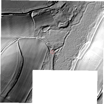 Shaded relief map of the ground around RG291DF, computed from Environment Agency LiDAR. The ground here sits at about 79 m above sea level and falls 24 m across the surrounding 800 m. Surface water reaching this point runs off ground lying to the north-west, 4.0 m higher.