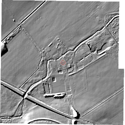 Shaded relief map of the ground around RG291HA, computed from Environment Agency LiDAR. The ground here sits at about 71 m above sea level and falls 13 m across the surrounding 800 m. The ground contributing surface water to this point lies to the east-north-east.