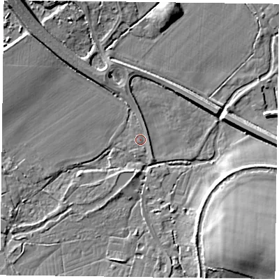 Shaded relief map of the ground around RG291HB, computed from Environment Agency LiDAR. The ground here sits at about 74 m above sea level and falls 13 m across the surrounding 800 m. Surface water reaching this point runs off ground lying to the south-east, 0.7 m higher.