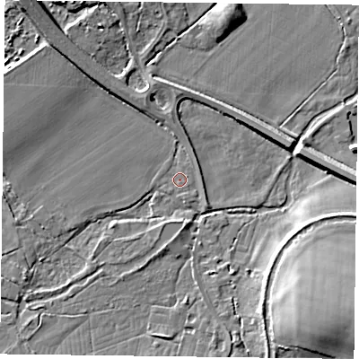 Shaded relief map of the ground around RG291HE, computed from Environment Agency LiDAR. The ground here sits at about 74 m above sea level and falls 12 m across the surrounding 800 m. Surface water reaching this point runs off ground lying to the north-west, 6.3 m higher.