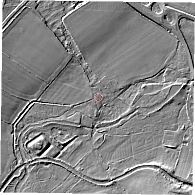 Shaded relief map of the ground around RG291HG, computed from Environment Agency LiDAR. The ground here sits at about 75 m above sea level and falls 9 m across the surrounding 800 m. Surface water reaching this point runs off ground lying to the west-south-west, 1.3 m higher.