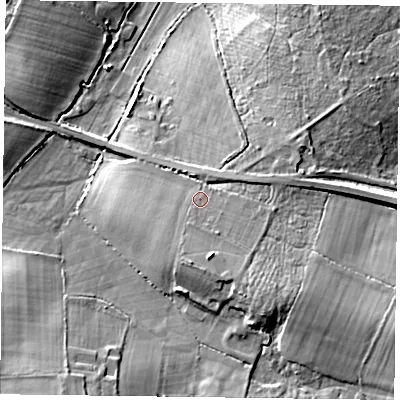 Shaded relief map of the ground around RG291HR, computed from Environment Agency LiDAR. The ground here sits at about 88 m above sea level and falls 14 m across the surrounding 800 m. Surface water reaching this point runs off ground lying to the south-east, 2.6 m higher.