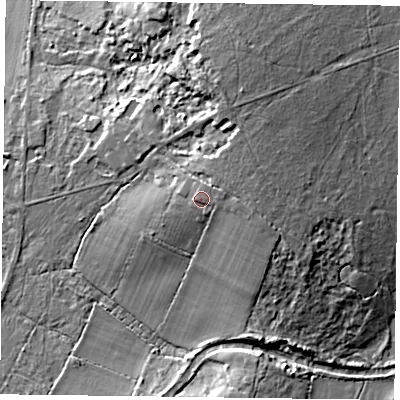 Shaded relief map of the ground around RG291JG, computed from Environment Agency LiDAR. The ground here sits at about 87 m above sea level and falls 18 m across the surrounding 800 m. Surface water reaching this point runs off ground lying to the east-north-east, 2.3 m higher.