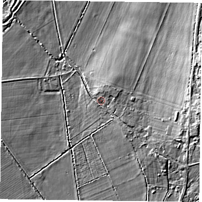 Shaded relief map of the ground around RG291JL, computed from Environment Agency LiDAR. The ground here sits at about 71 m above sea level and falls 10 m across the surrounding 800 m. Surface water reaching this point runs off ground lying to the east-south-east, 6.9 m higher.
