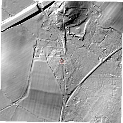 Shaded relief map of the ground around RG291JN, computed from Environment Agency LiDAR. The ground here sits at about 71 m above sea level and falls 17 m across the surrounding 800 m. Surface water reaching this point runs off ground lying to the south, 6.4 m higher.