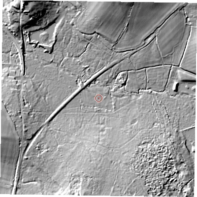 Shaded relief map of the ground around RG291JR, computed from Environment Agency LiDAR. The ground here sits at about 69 m above sea level and falls 14 m across the surrounding 800 m. Surface water reaching this point runs off ground lying to the south, 12.6 m higher.