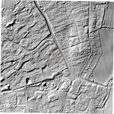 Shaded relief map of the ground around RG29AD, computed from Environment Agency LiDAR. The ground here sits at about 50 m above sea level and falls 24 m across the surrounding 800 m. Surface water reaching this point runs off ground lying to the north-west, 3.3 m higher.