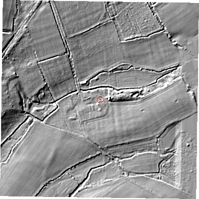 Shaded relief map of the ground around RG29AE, computed from Environment Agency LiDAR. The ground here sits at about 40 m above sea level and falls 8 m across the surrounding 800 m. Surface water reaching this point runs off ground lying to the east-north-east, 2.2 m higher.