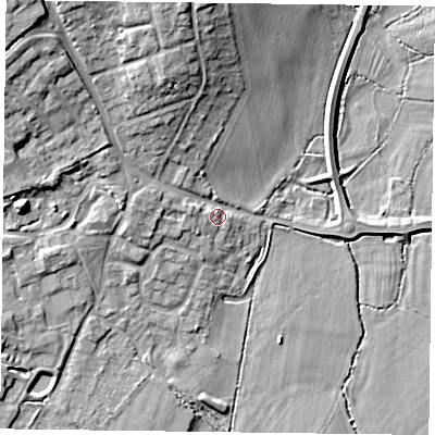 Shaded relief map of the ground around RG29DY, computed from Environment Agency LiDAR. The ground here sits at about 44 m above sea level and falls 17 m across the surrounding 800 m. Surface water reaching this point runs off ground lying to the north-west, 13.9 m higher.